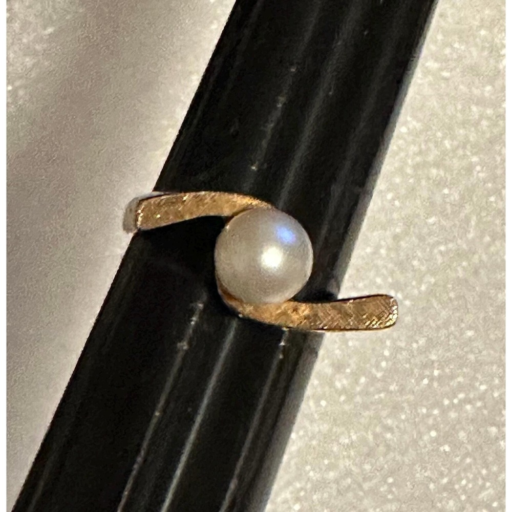 Vintage Modernist 14k‎ Gold & Pearl Ring Sz 5